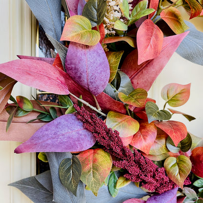 Rustic Fall Wreath with Burgundy & Blush Leaves | Farmhouse Thanksgiving Front Door Decor