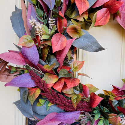 Rustic Fall Wreath with Burgundy & Blush Leaves | Farmhouse Thanksgiving Front Door Decor