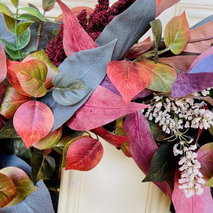 Rustic Fall Wreath with Burgundy & Blush Leaves | Farmhouse Thanksgiving Front Door Decor