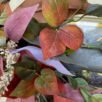 Rustic Fall Wreath with Burgundy & Blush Leaves | Farmhouse Thanksgiving Front Door Decor