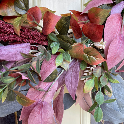 Rustic Fall Wreath with Burgundy & Blush Leaves | Farmhouse Thanksgiving Front Door Decor