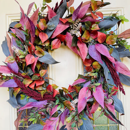 Rustic Fall Wreath with Burgundy & Blush Leaves | Farmhouse Thanksgiving Front Door Decor