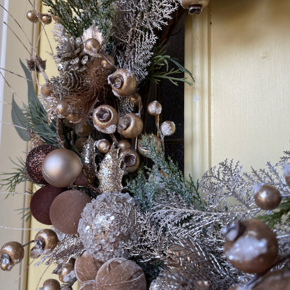 Neutral Christmas Wreath in Champagne, Gold & Bronze | Elegant Door Décor
