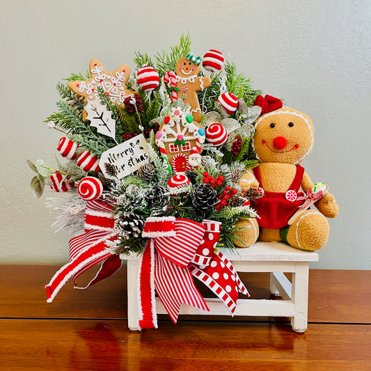 Gingerbread & Peppermint Christmas Centerpiece — Gingerbread Girl, Cookie House, Red-White Bow (Kitchen Table or Entry)