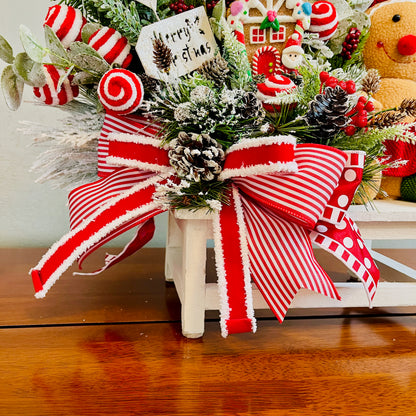 Gingerbread & Peppermint Christmas Centerpiece — Gingerbread Girl, Cookie House, Red-White Bow (Kitchen Table or Entry)