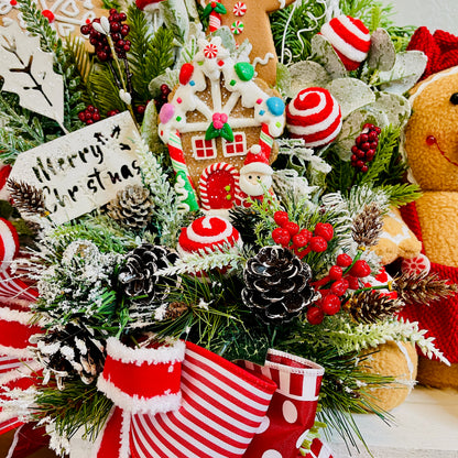 Gingerbread & Peppermint Christmas Centerpiece — Gingerbread Girl, Cookie House, Red-White Bow (Kitchen Table or Entry)