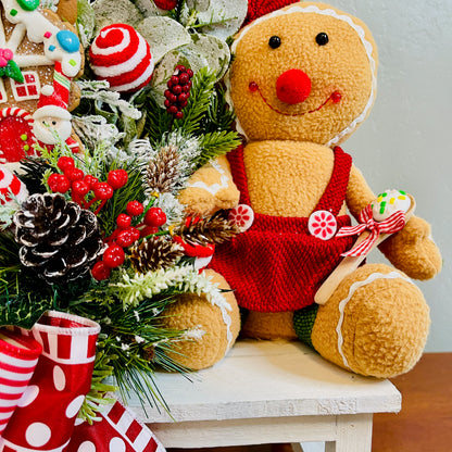 Gingerbread & Peppermint Christmas Centerpiece — Gingerbread Girl, Cookie House, Red-White Bow (Kitchen Table or Entry)
