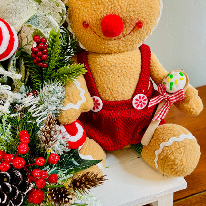 Gingerbread & Peppermint Christmas Centerpiece — Gingerbread Girl, Cookie House, Red-White Bow (Kitchen Table or Entry)