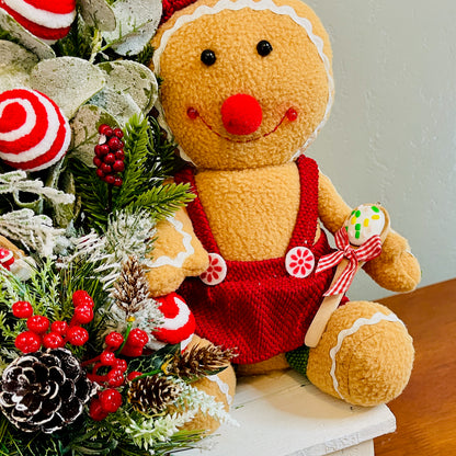 Gingerbread & Peppermint Christmas Centerpiece — Gingerbread Girl, Cookie House, Red-White Bow (Kitchen Table or Entry)