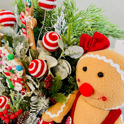 Gingerbread & Peppermint Christmas Centerpiece — Gingerbread Girl, Cookie House, Red-White Bow (Kitchen Table or Entry)