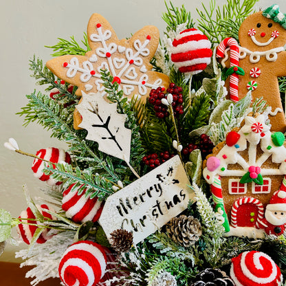 Gingerbread & Peppermint Christmas Centerpiece — Gingerbread Girl, Cookie House, Red-White Bow (Kitchen Table or Entry)