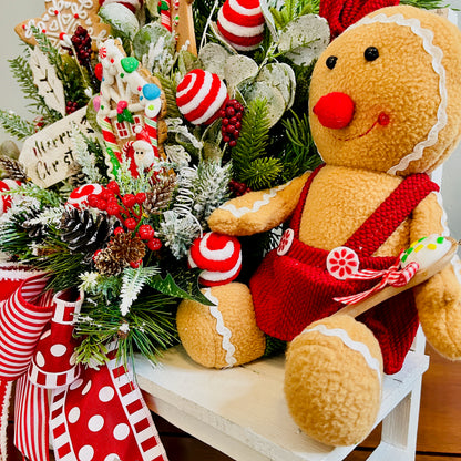 Gingerbread & Peppermint Christmas Centerpiece — Gingerbread Girl, Cookie House, Red-White Bow (Kitchen Table or Entry)