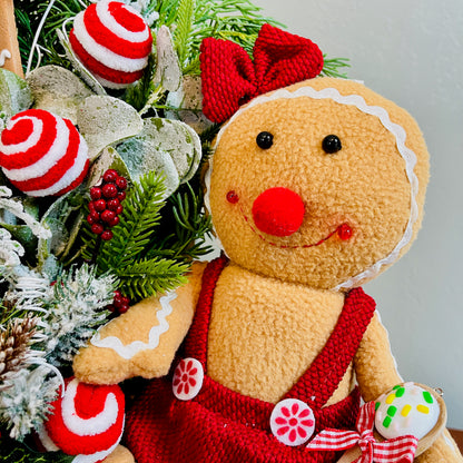 Gingerbread & Peppermint Christmas Centerpiece — Gingerbread Girl, Cookie House, Red-White Bow (Kitchen Table or Entry)