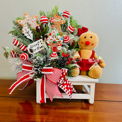 Gingerbread & Peppermint Christmas Centerpiece — Gingerbread Girl, Cookie House, Red-White Bow (Kitchen Table or Entry)