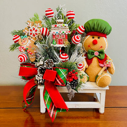 Gingerbread Boy & Peppermint Christmas Centerpiece — Cookie House, Red/Green Plaid Bow (Table, Island, or Entry)