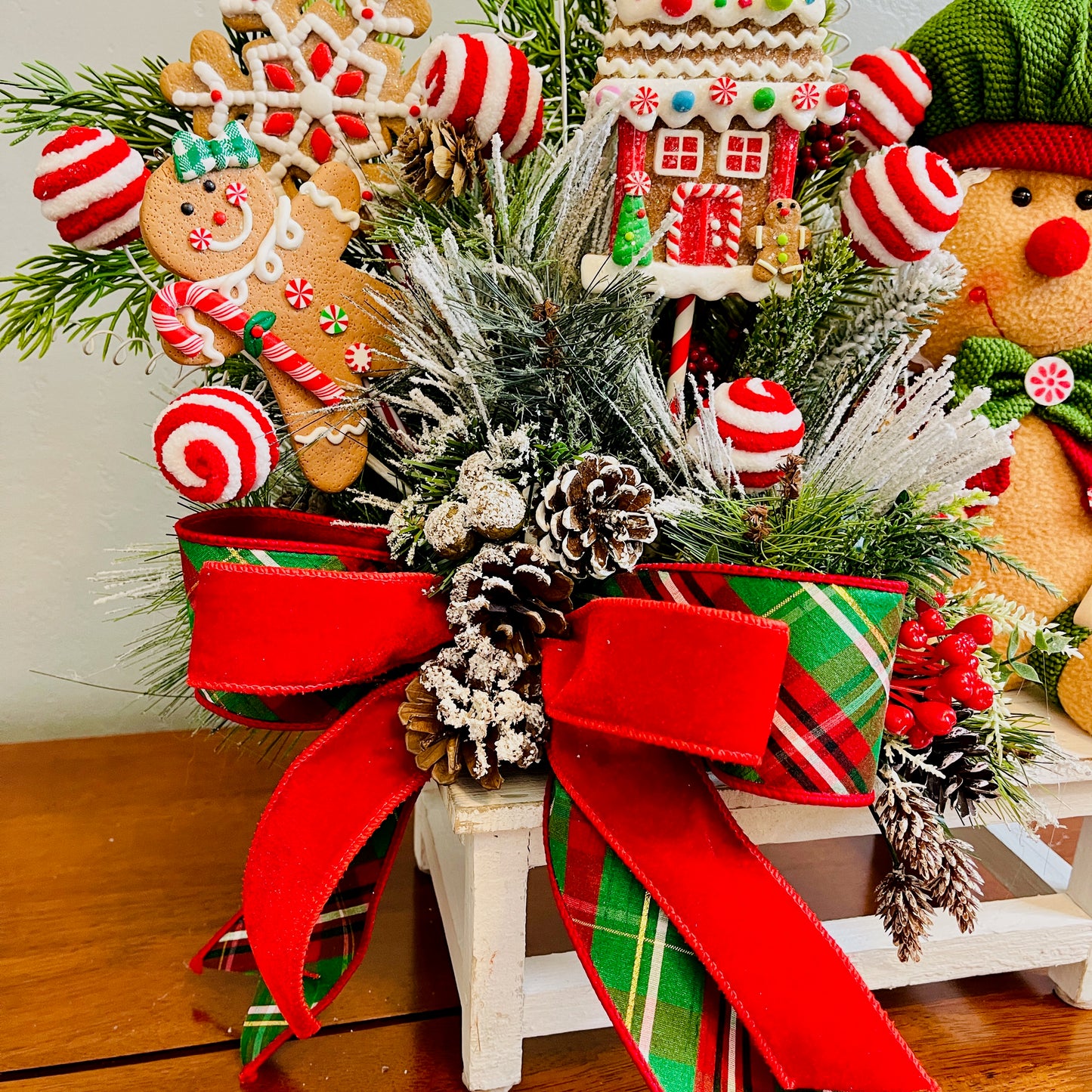 Gingerbread Boy & Peppermint Christmas Centerpiece — Cookie House, Red/Green Plaid Bow (Table, Island, or Entry)