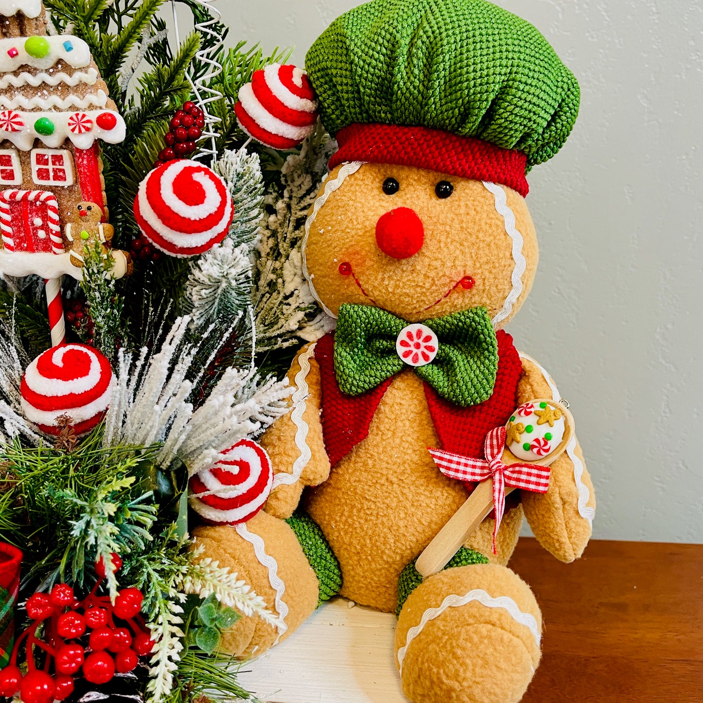 Gingerbread Boy & Peppermint Christmas Centerpiece — Cookie House, Red/Green Plaid Bow (Table, Island, or Entry)