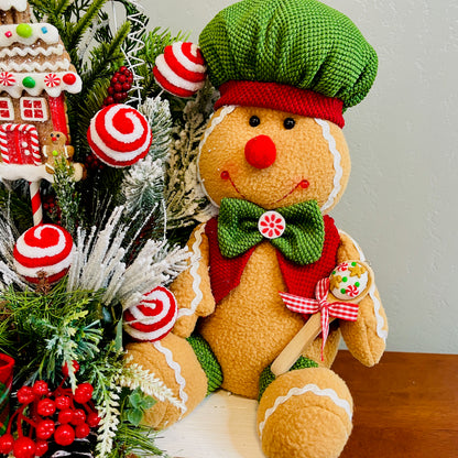 Gingerbread Boy & Peppermint Christmas Centerpiece — Cookie House, Red/Green Plaid Bow (Table, Island, or Entry)