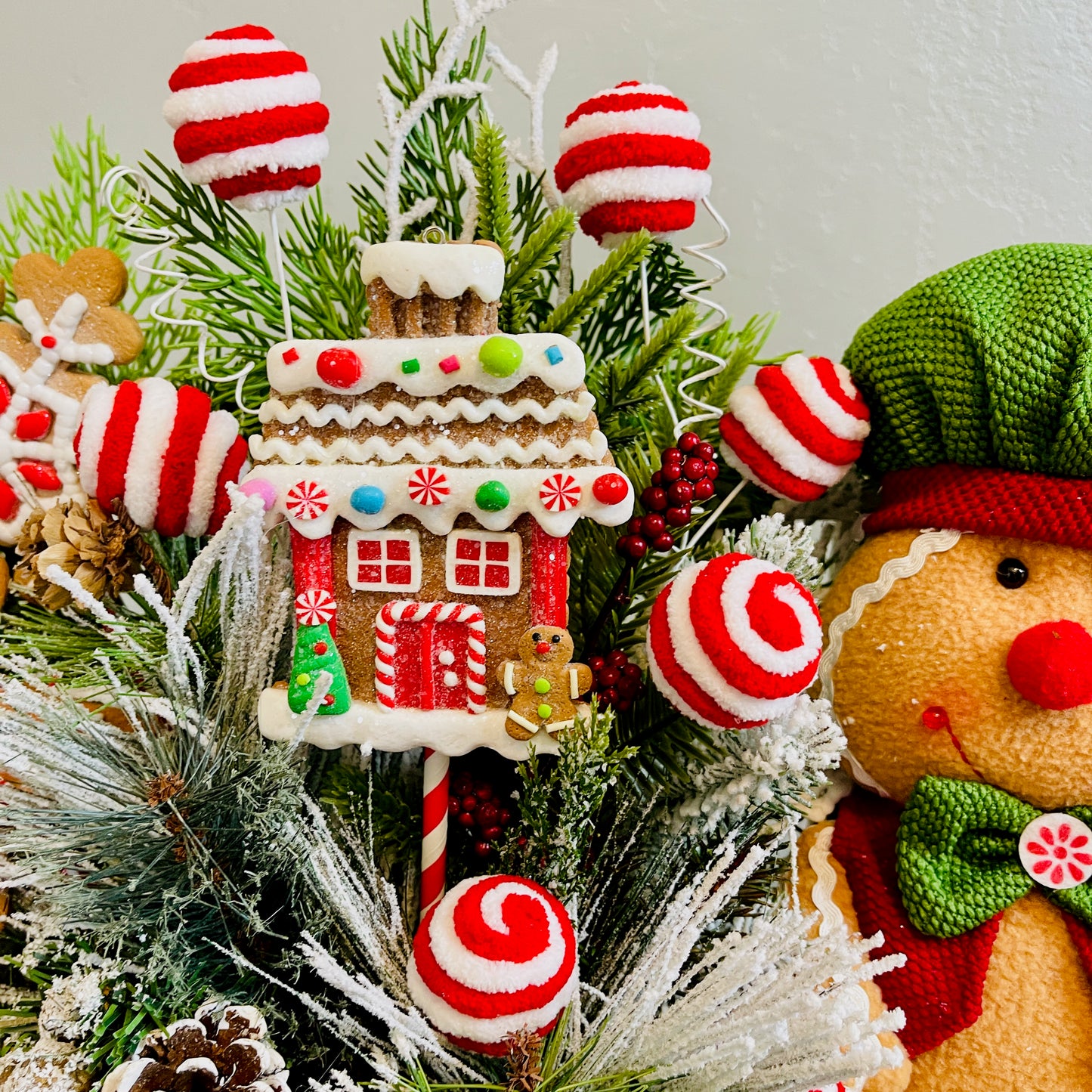 Gingerbread Boy & Peppermint Christmas Centerpiece — Cookie House, Red/Green Plaid Bow (Table, Island, or Entry)