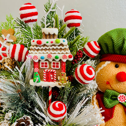 Gingerbread Boy & Peppermint Christmas Centerpiece — Cookie House, Red/Green Plaid Bow (Table, Island, or Entry)