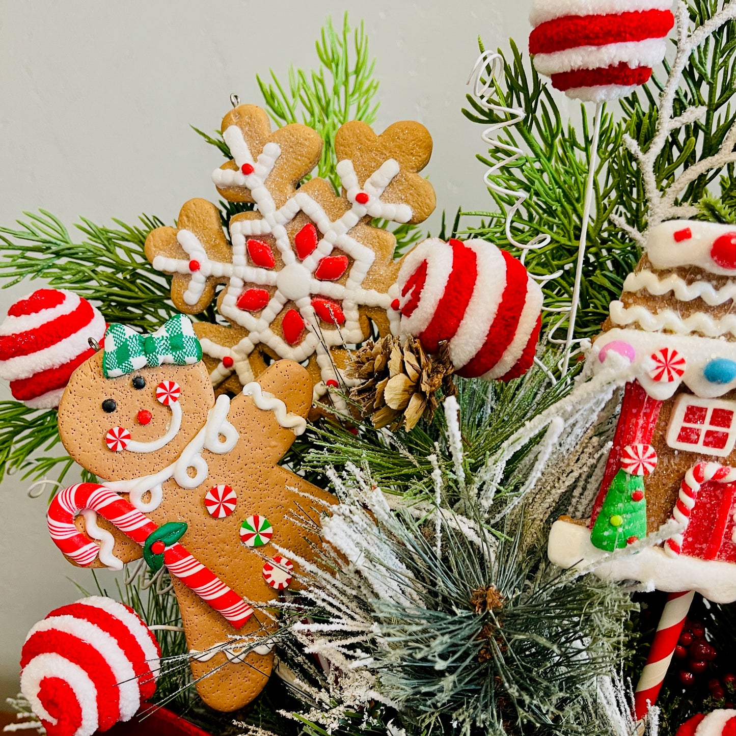 Gingerbread Boy & Peppermint Christmas Centerpiece — Cookie House, Red/Green Plaid Bow (Table, Island, or Entry)
