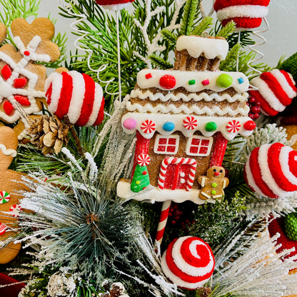 Gingerbread Boy & Peppermint Christmas Centerpiece — Cookie House, Red/Green Plaid Bow (Table, Island, or Entry)