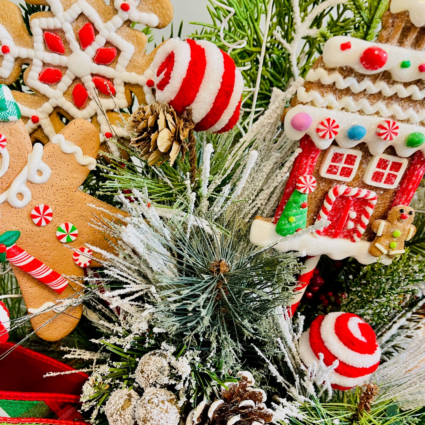 Gingerbread Boy & Peppermint Christmas Centerpiece — Cookie House, Red/Green Plaid Bow (Table, Island, or Entry)