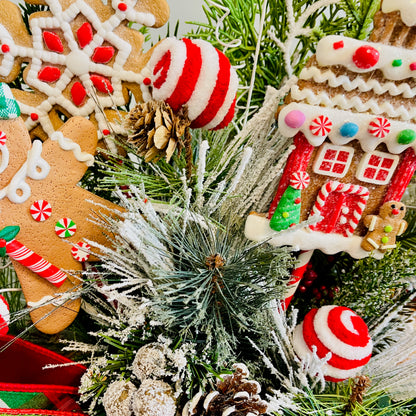 Gingerbread Boy & Peppermint Christmas Centerpiece — Cookie House, Red/Green Plaid Bow (Table, Island, or Entry)
