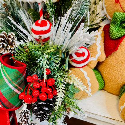 Gingerbread Boy & Peppermint Christmas Centerpiece — Cookie House, Red/Green Plaid Bow (Table, Island, or Entry)