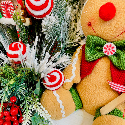 Gingerbread Boy & Peppermint Christmas Centerpiece — Cookie House, Red/Green Plaid Bow (Table, Island, or Entry)