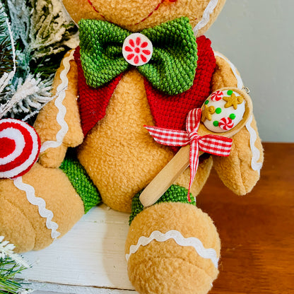 Gingerbread Boy & Peppermint Christmas Centerpiece — Cookie House, Red/Green Plaid Bow (Table, Island, or Entry)
