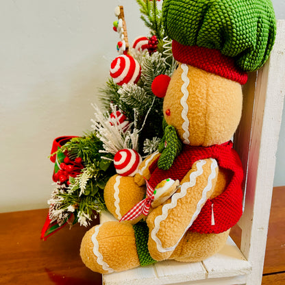 Gingerbread Boy & Peppermint Christmas Centerpiece — Cookie House, Red/Green Plaid Bow (Table, Island, or Entry)