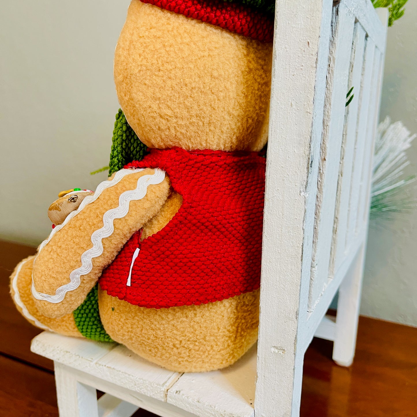 Gingerbread Boy & Peppermint Christmas Centerpiece — Cookie House, Red/Green Plaid Bow (Table, Island, or Entry)