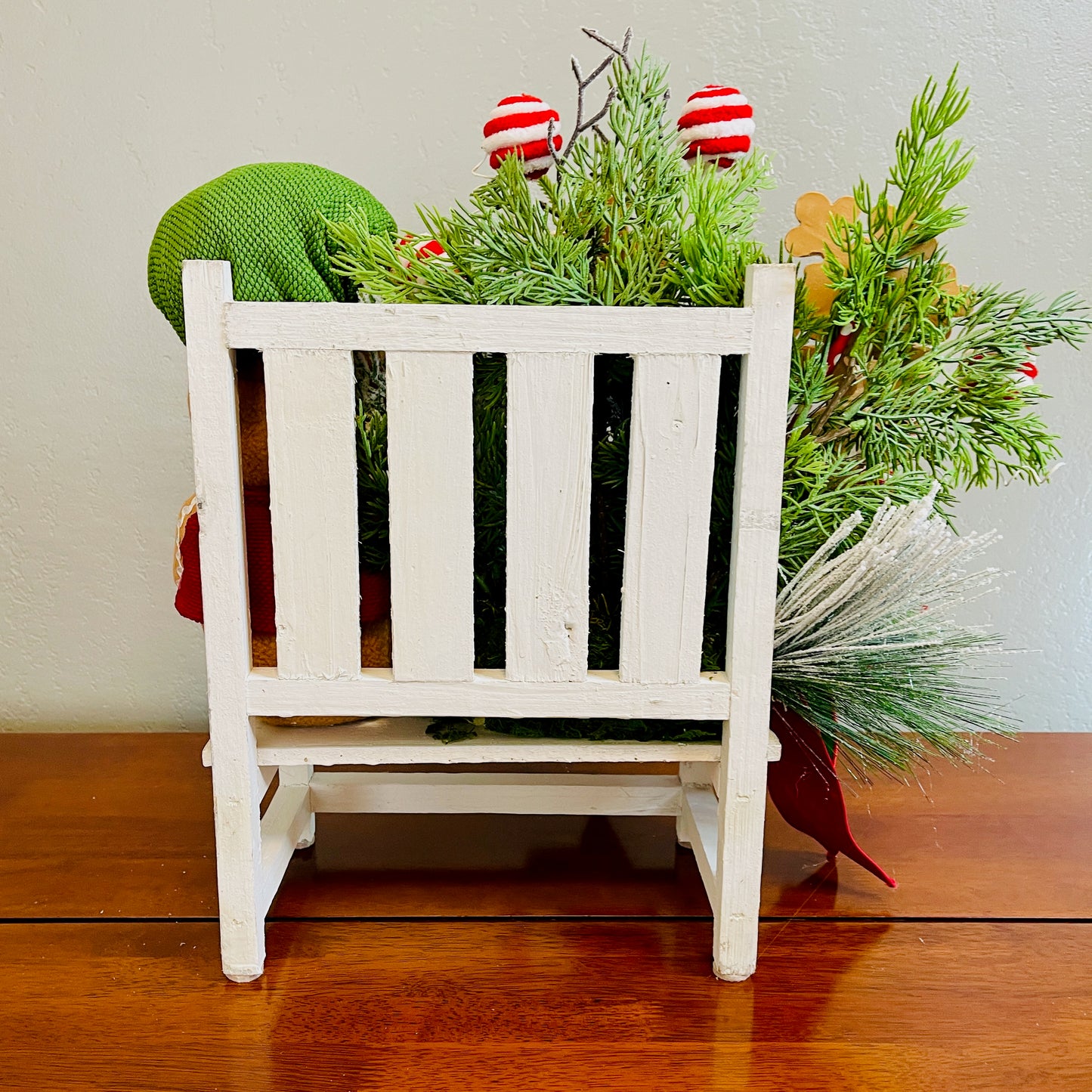 Gingerbread Boy & Peppermint Christmas Centerpiece — Cookie House, Red/Green Plaid Bow (Table, Island, or Entry)