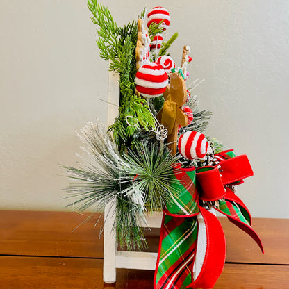 Gingerbread Boy & Peppermint Christmas Centerpiece — Cookie House, Red/Green Plaid Bow (Table, Island, or Entry)