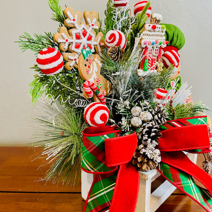Gingerbread Boy & Peppermint Christmas Centerpiece — Cookie House, Red/Green Plaid Bow (Table, Island, or Entry)