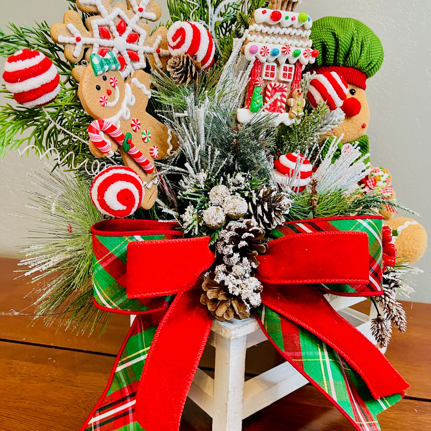 Gingerbread Boy & Peppermint Christmas Centerpiece — Cookie House, Red/Green Plaid Bow (Table, Island, or Entry)