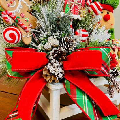 Gingerbread Boy & Peppermint Christmas Centerpiece — Cookie House, Red/Green Plaid Bow (Table, Island, or Entry)