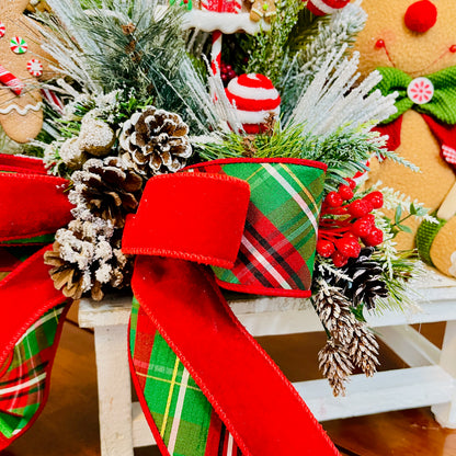 Gingerbread Boy & Peppermint Christmas Centerpiece — Cookie House, Red/Green Plaid Bow (Table, Island, or Entry)