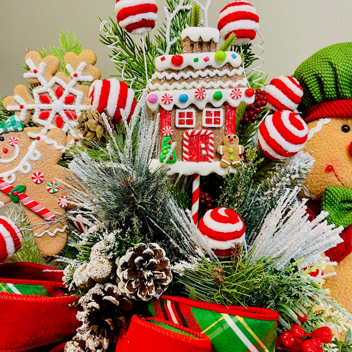 Gingerbread Boy & Peppermint Christmas Centerpiece — Cookie House, Red/Green Plaid Bow (Table, Island, or Entry)