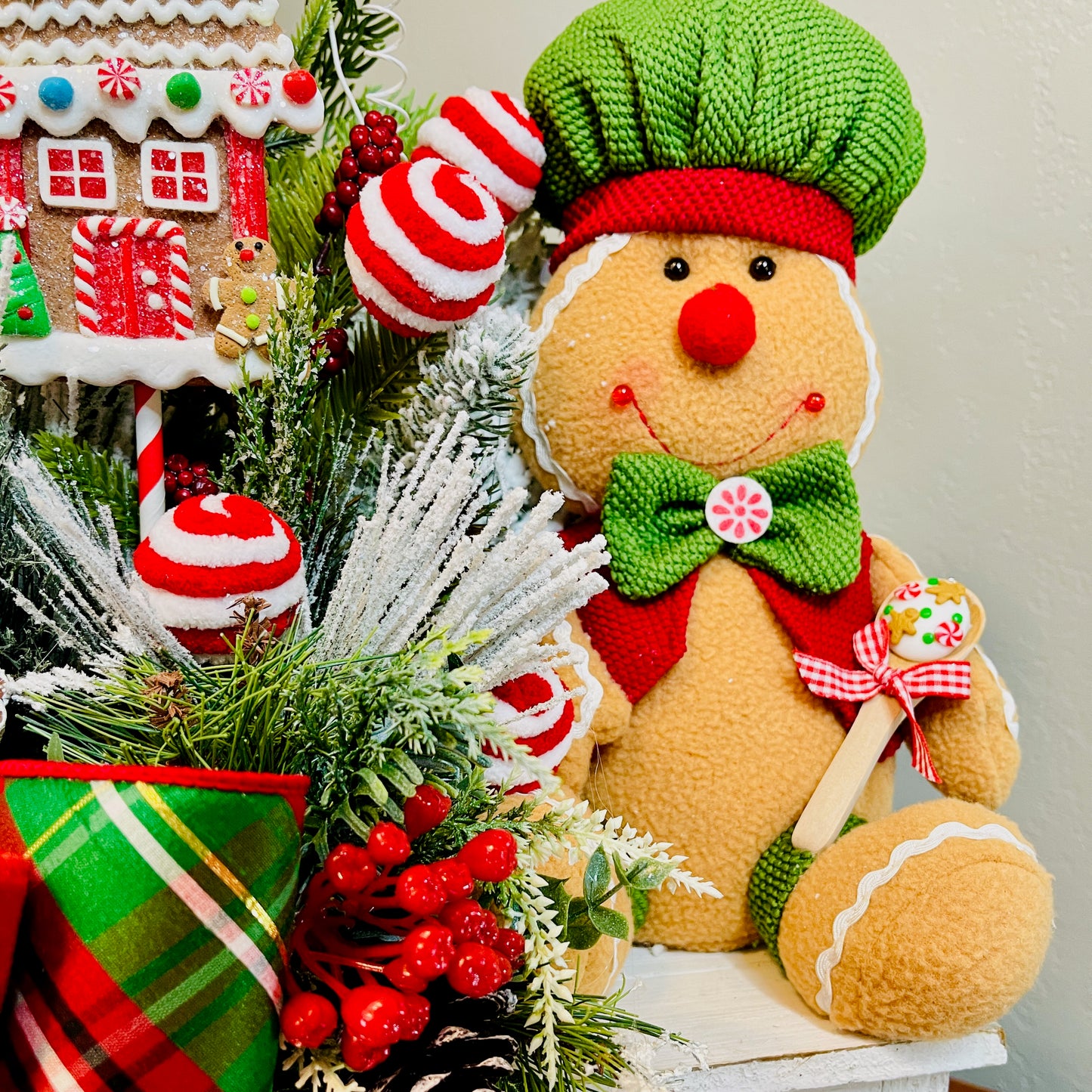 Gingerbread Boy & Peppermint Christmas Centerpiece — Cookie House, Red/Green Plaid Bow (Table, Island, or Entry)
