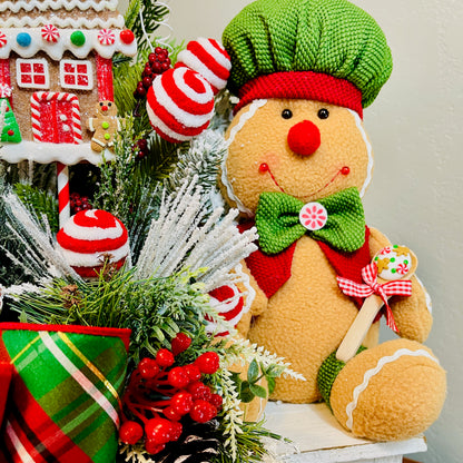 Gingerbread Boy & Peppermint Christmas Centerpiece — Cookie House, Red/Green Plaid Bow (Table, Island, or Entry)