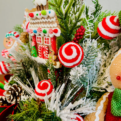 Gingerbread Boy & Peppermint Christmas Centerpiece — Cookie House, Red/Green Plaid Bow (Table, Island, or Entry)