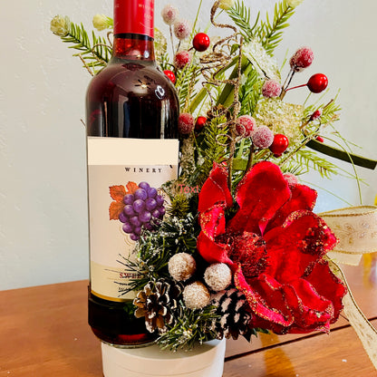 Holiday Wine Bottle Centerpiece – Christmas Floral Gift for Teacher or Coworker | Elegant Red Velvet Flower Arrangement for Home or Office