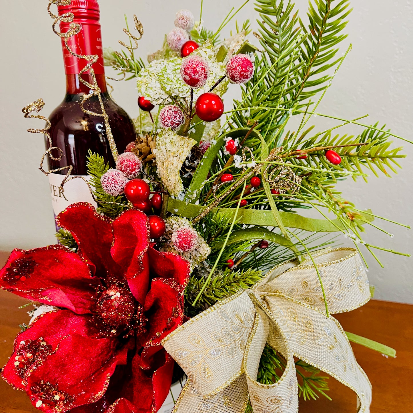 Holiday Wine Bottle Centerpiece – Christmas Floral Gift for Teacher or Coworker | Elegant Red Velvet Flower Arrangement for Home or Office