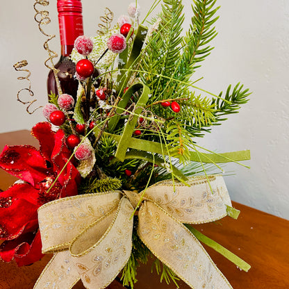 Holiday Wine Bottle Centerpiece – Christmas Floral Gift for Teacher or Coworker | Elegant Red Velvet Flower Arrangement for Home or Office