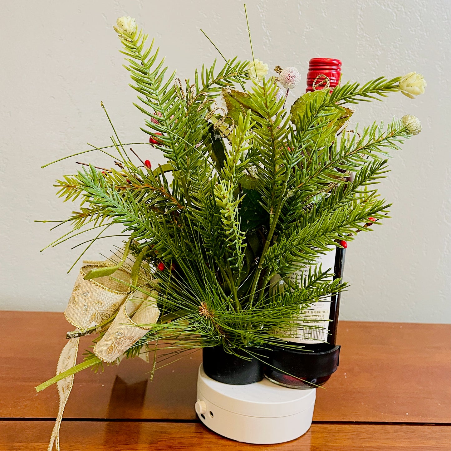 Holiday Wine Bottle Centerpiece – Christmas Floral Gift for Teacher or Coworker | Elegant Red Velvet Flower Arrangement for Home or Office