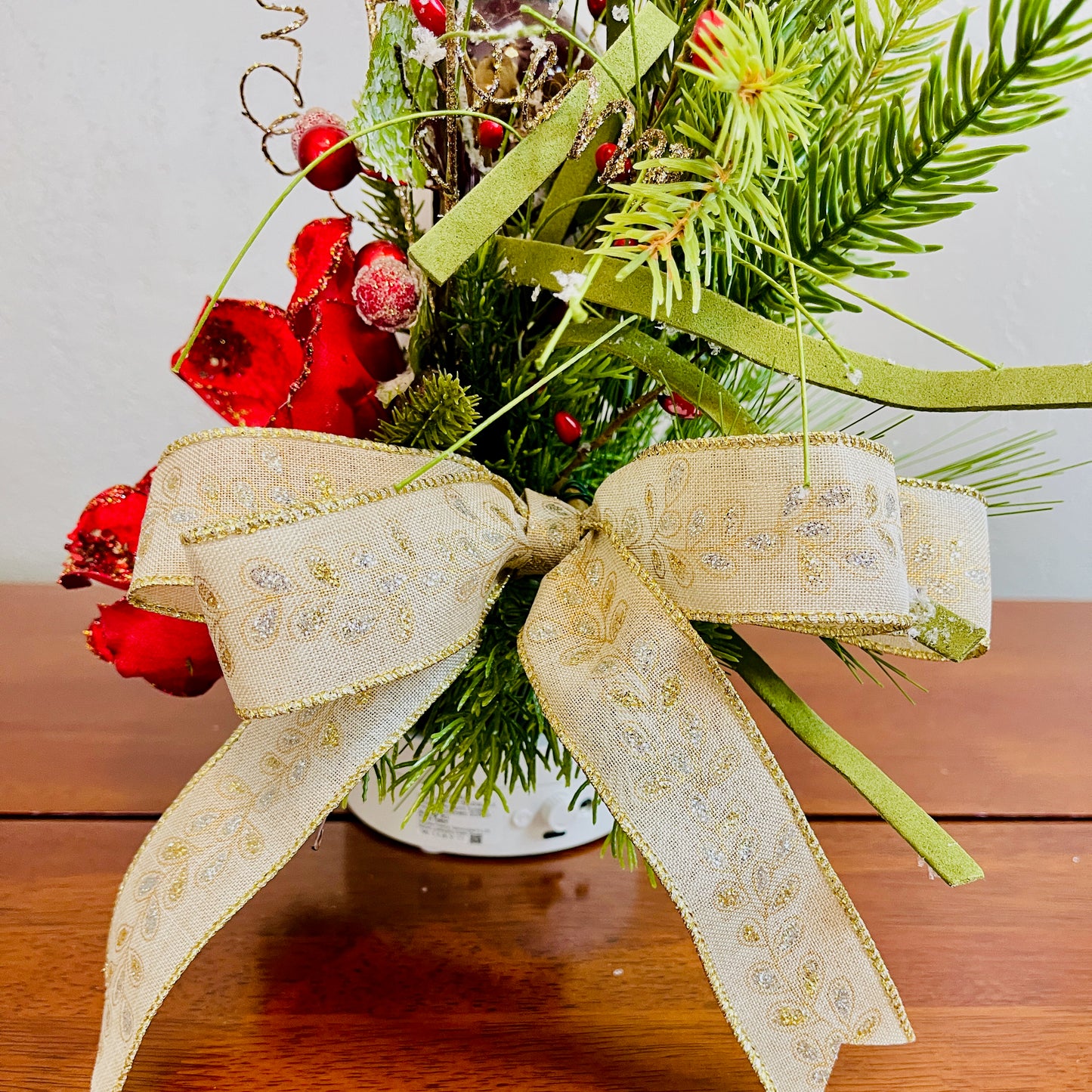 Holiday Wine Bottle Centerpiece – Christmas Floral Gift for Teacher or Coworker | Elegant Red Velvet Flower Arrangement for Home or Office