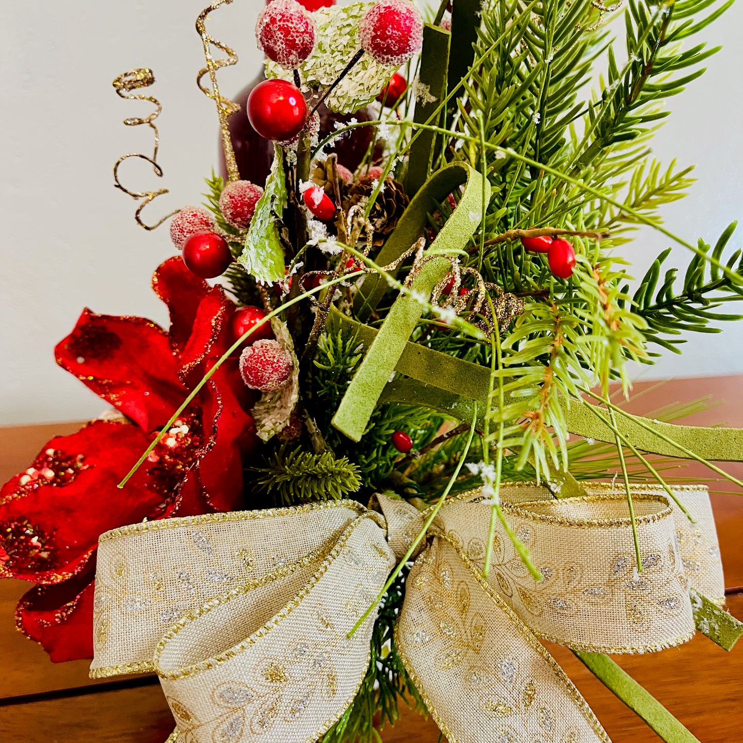 Holiday Wine Bottle Centerpiece – Christmas Floral Gift for Teacher or Coworker | Elegant Red Velvet Flower Arrangement for Home or Office