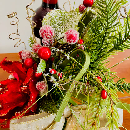 Holiday Wine Bottle Centerpiece – Christmas Floral Gift for Teacher or Coworker | Elegant Red Velvet Flower Arrangement for Home or Office